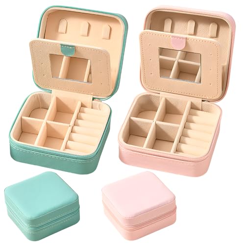 Mini Jewelry Box, 2Pcs Small Jewelry Box with Mirror, Portable Pink & Blue Jewelry Organizer Box for Travel, Gift, Ring, Necklace, Earrings Storage.
