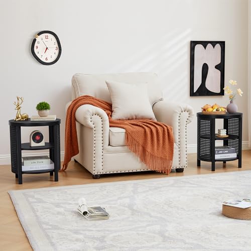 Image of 17 inch Black Round Side Table with Iron Rattan, Modern Unique Round Wood Nightstand Set of 2, 3-Tier Small Bedside End Table for Living Room, Bedroom (Black)
