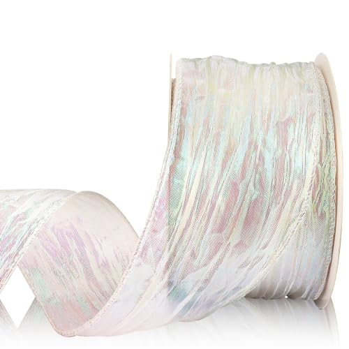 White Crinkled Sheer Ribbon for Flower Bouquet 2.5" x 10 Yards Wired Lace Organza Decorative Ribbon for Bow Making Gift Wrapping Ribbons for Floral Bouquets Wrapping Decor