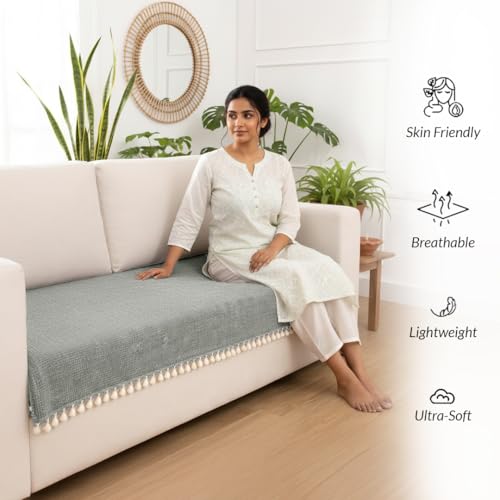 Image of HOMEMONDE 3 Seater Sofa Cover with Tassels |Soft, Durable & Textured Chenille Fabric with Tassels | Sofa Cover Mats for Living Room, Bedroom, Drawing Room & Office (76 X 178 CM, Silver Grey)