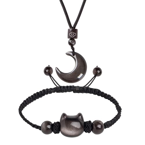 Black Obsidian Cat Bracelet and Moon Pendant Necklace Jewelry Set-Cat Lover Gifts,Wealth Attraction,Good Luck,Bead Bracelet,Mindfulness,Beaded Bracelets, Obsidian Pendant Necklace-Cute Gifts for Women