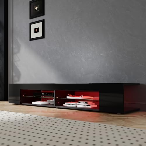 SIRHONA Meuble TV Noir, Meuble Tele avec LED, Éclairage LED RGB avec Couleur réglable, avec Étagères Ouvertes en Verre, 180x39x30cm, Convient pour Salon ou...