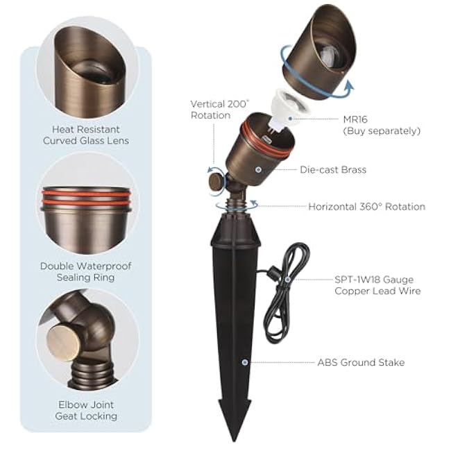 Gardencoin Solid Brass Outdoor Landscape Spotlight, 12V Low Voltage LED Spot Light Waterproof for Garden and Yard Uplighting, Bronze Heavy Duty Accent Lighting Fixture with 2700K Bulb, Single