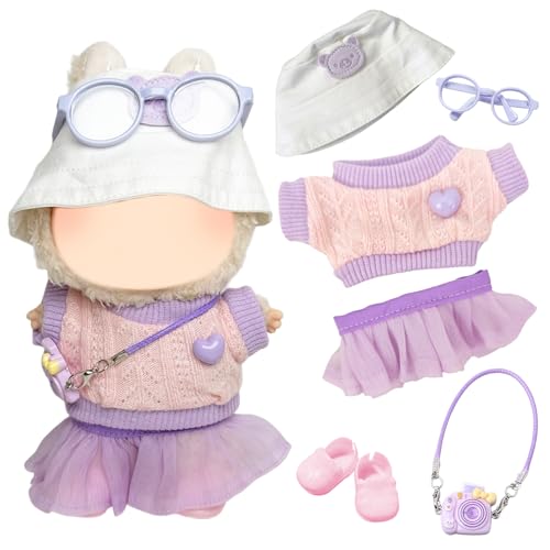 6Pcs Doll Clothes for 17cm Plush Dolls Include 1 Top 1 Dress 1 Fishermans Hat 1 Camera 1 Glasses 1 Shoes for Dolls Premium Outfit Birthday Holiday Present for KidsNo DollPurple