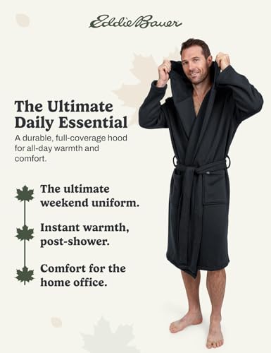 Image of Eddie Bauer Mens Robe - Luxury Fleece Bathrobe with Hood and Pockets | Soft Warm Plush Winter Bath Robe for Men
