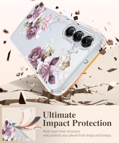 Image of Elzzi Clear Transparent Flower Cover for Samsung A16 5g Case Shockproof Case Floral Design Camera Protection Shockproof PC+TPU Transparent Flower Cover for Girls & Women (Deep Purple)