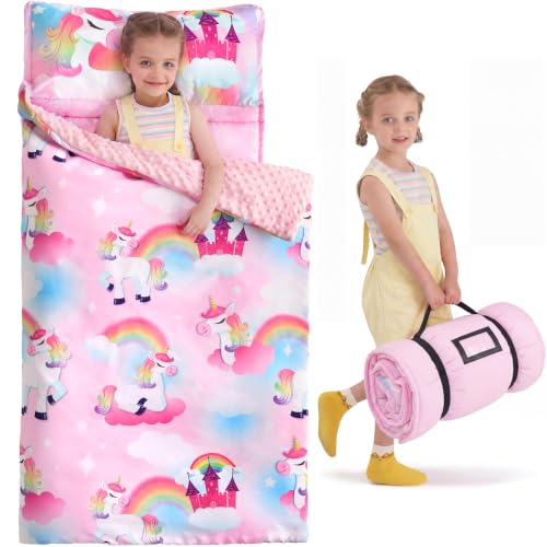 Image of JOIEDOMI Toddler Nap Mat with Removable Pillow and Minky Blanket 55''x30'' Kids Sleeping Bag for Boys and Girls Ages 3-6 Roll Up Soft Nap Mats for Preschool Kindergarten Daycare Sleepover