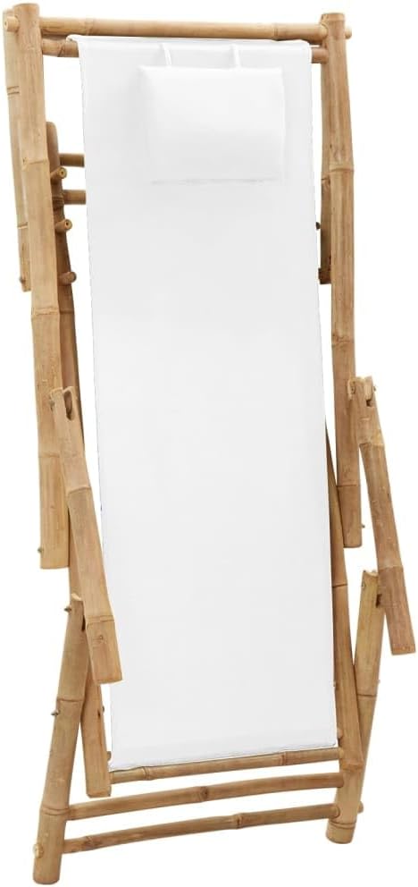 Folding Bamboo Deck Chair Cream 41.7"x23.6"x35.4" Canvas Zero Gravity Lounger Lightweight Outdoor Patio Recliner for Garden, Porch, Balcony, Camping and Beach Relaxation