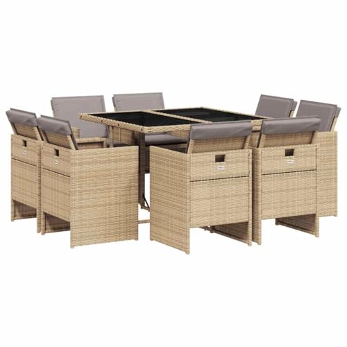 QJBSAVVA Salon à manger de jardin 9 pièces avec coussins, en polyrotin pour jardin et terrasse, salle à manger peu encombrante avec forme de cube, table de...