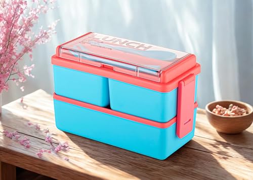 Image of 3 Section Lunch Box with Small Spoon & Fork - Leak Resistant Compartment Meal Box for Kids & Adults, Reusable Food Storage Container for School, Office & Travel (Sky Blue & Pink)