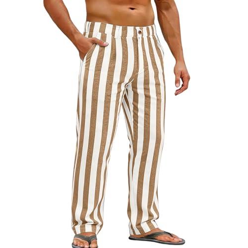 Pantalones de lino a rayas para hombre y hombre, pantalones de pijama de verano a rayas, pantalones de pierna recta, pantalones de uso diario, pantalones suaves para dormir, pantalones ligeros con