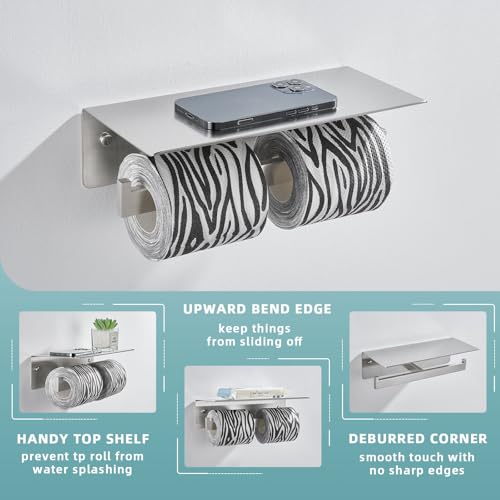 Image of Angle Simple Double Toilet Paper Holder with Shelf, Brushed Nickel | SUS304 Stainless Steel, 2 in 1 Tissue Roll Holder, Top Shelf for Phone Wet Wipes, Hold 2 Rolls for Backup, Screws Wall Mount