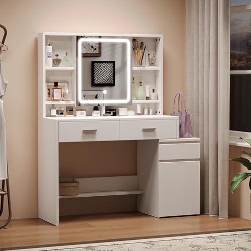 Airfish Tocador Grande, 140x40x100 CM Gran Tocador de Maquillaje con Luces LED, Brillo Ajustable, Mesa de Maquillaje con Espejo y Compartimentos Abiertos, 2 Cajones y 1 Armario, Blanco - imagen 7