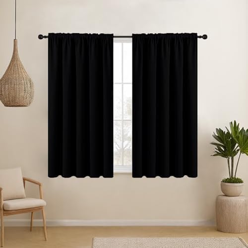 CUCRAF Pure Black Blackout Curtains 45 inch Length 2 Panels Set, Rod Pocket Room Darkening Drapes for Bedroom Living Room, Insulated Thermal Light Blocking Window Curtain (52 x 45 inches)