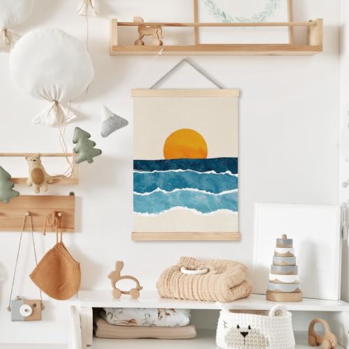 Image of PQKIY Abstract Boho Sun Ocean Wall Art Poster Hanger Frame 12x16 in, Minimalist Mid Century Modern Sunrise Sunset Ocean Waves Wall Decor Canvas Prints for Home Bedroom Living Room