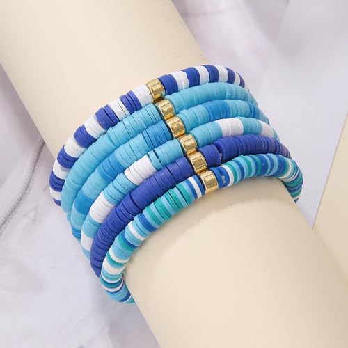 Image of COLORFUL BLING 6Pcs /Set Bohemia Heishi Clay Surfer Bead Stretch Bracelets Vinyl Disc Polymer Stackable Layering Bracelet Set Preppy Summer Beach Jewelry for Women
