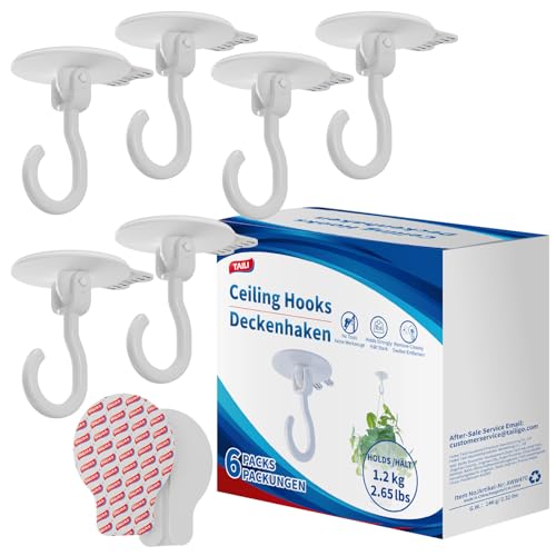 Image of TAILI Adhesive Ceiling Hooks for Hanging Plants, No-Drill 6 Pack White | Heavy Duty Removable Sticky Wall Hooks Hanging Christmas Lights Garland Coat for Door Kitchen, Renter Friendly