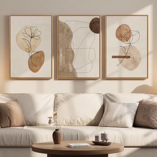 Framed Neutral Abstract Boho Wall Art Bedroom, 3 Piece Brown
