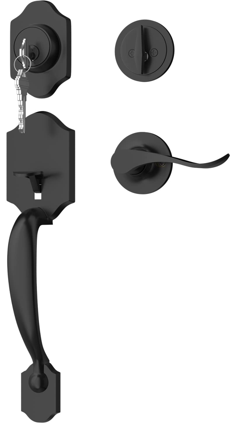 goldenwarm Front Door Handle and Deadbolt Set, Black Front Door Lock Set with Reversible Handle Lever, Classic Front Door Hardware, Single Cylinder Front Door Entry Lock, Front Door Handles and Locks