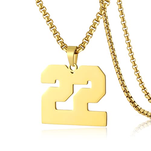SKQIR Number Necklace for Men Baseball Gold Baseball Jersey Number Pendant for Athletes Number Chain for Boys Sport Stainless Steelï¼Numberï¼22