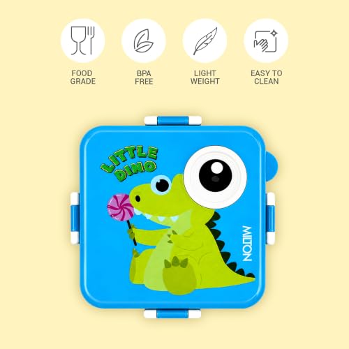 Image of MILTON Dino Pop Bento Stainless Steel Lunch Box, 3 Compartments, 4-Side Lock, with Tray, Spoon, Fork & Container for School, Office, Travel, BPA Free, 1120 ml + 70 ml, Blue