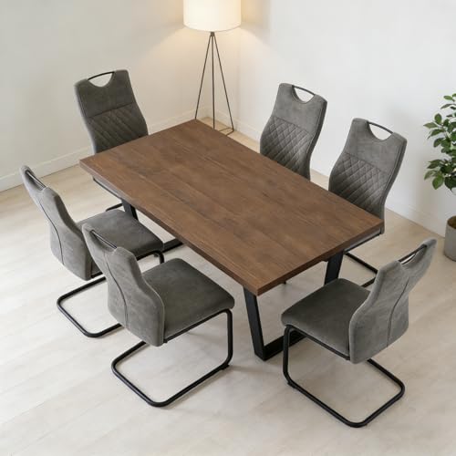 JIEXI Esstisch-Set mit Eichen-Finish, MDF-Holzplatte, schwarze Metallbeine, 160 x 90 x 76 cm, Sitzfläche 4–6, 100 kg Kapazität (1 Tisch + 6 graue Esszimmerstühle) JIEXI Esstisch-Set mit Eichen-Finish, MDF-Holzplatte, schwarze Metallbeine, 160 x 90 x 76 cm, Sitzfläche 4–6, 100 kg Kapazität (1 Tisch + 6 graue Esszimmerstühle)