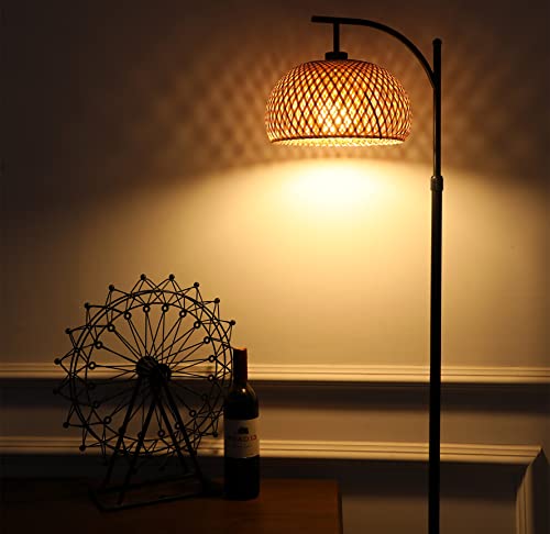 Bamboo Floor Lamp Rattan For Living Room,Bedroom,Farmhouse,Boho Standing Lamp With Control And Dimmable Bulb,Hand-Worked Woven Lamp Shades,Black Industrial Floor Light Adjustable Corner Tall Lamp #TOP4