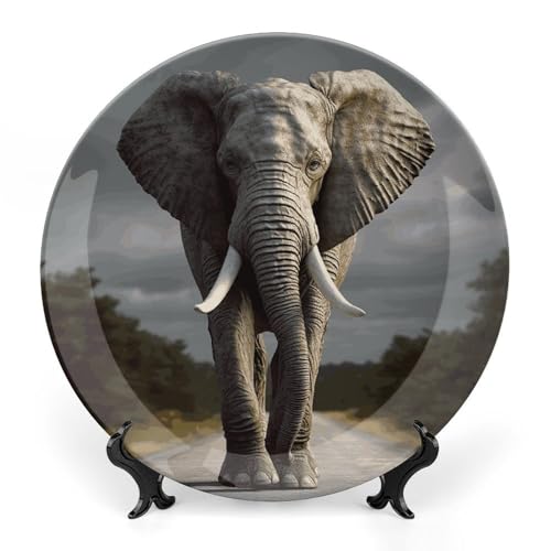 Plato decorativo 3D elefante blanco de porcelana 8 pulg
