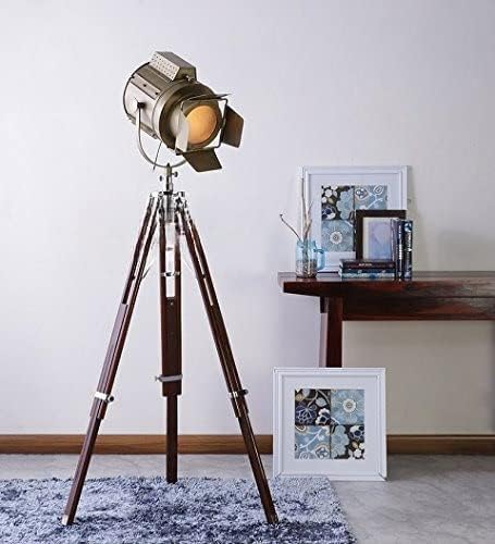 NauticalMart Designer Royal Natural SHEESHAM Wood and Chrome Finish Tripod Floor Lamp