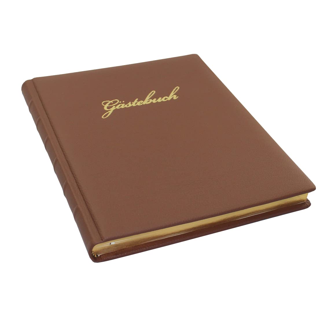 Gästebuch braunes genarbtes Leder mit Goldschnittblock und Prägung "Gästebuch"