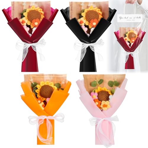 Wavwavw 4 Pcs Crochet Flowers Bouquet Knitted Sunflower Handmade Artificial Flower Bouquet with Exquisite Wrap for Graduation Nurse Teacher Women Gift Birthday Wedding Anniversary