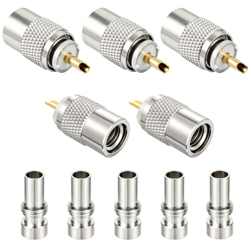 RFAdapter PL 259 Connectors 5 Pack PL-259 UHF Male Solder Connector Plug with Reducer Teflon Material 50ohm for RG59 RG8 RG8x LMR-400 RG-213 Coaxial Cable Compatiable with Ham Radio Antenna