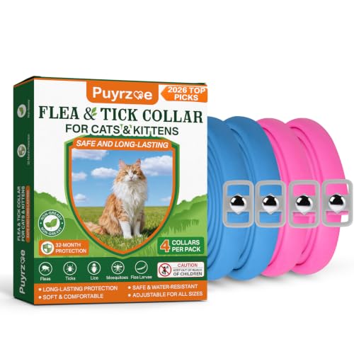 Puyrzoe Flea Collar for Cats 4 Pack Natural Cat Flea and Tick Prevention Collar 32-Month Full Protection Adjustable Cat Flea and Tick for Kittens and Cats Waterproof 2 Pink & 2 Blue