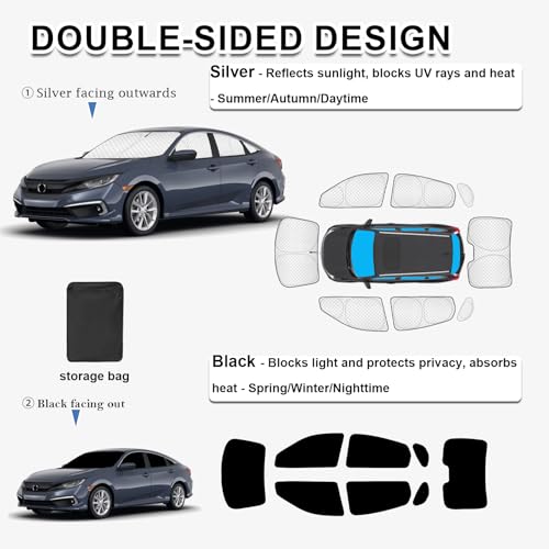 Image of KMF 8pcs Thicken Full Sun Shades for Honda Civic Sedan 2016-2021(Not Hatchback) Accessories, Car Window Covers Sunshade for Windshield Side Rear, UV Block and Blackout Privacy for Camping Outdoor