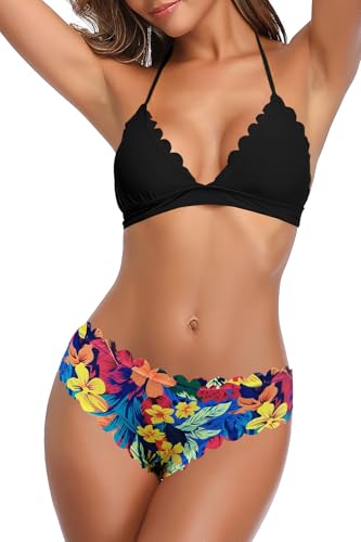 Maillot de bain 2 pièces femme imprimé floral avec bikini triangle rembourré et bas taille moyenne