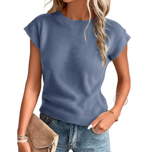 Floral Find Womens Casual Cap Sleeve Crew Neck Sweater Pullover Loose Fit Lightweight Summer Knit Sweaters Top X-Large Navy Blue