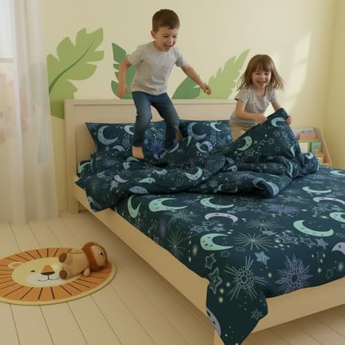 Image of Filymore Moon Star Kids Double Bed Sheet with 2 Pillow Covers 180 TC Soft Microfiber for Kid Room Bedcover Size (90 X 90) inches, Nevyblue and White