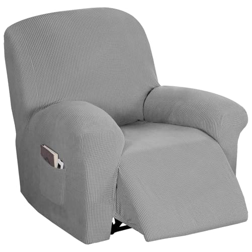 Flamingo P Stretch Recliner Chair Cover Recliner Cover for Electric/Manual Style | Furniture Cover for Reclining with Side Pocket, Soft Checked Jacquard Fabric Form Fitted Standard/Oversized - Dove