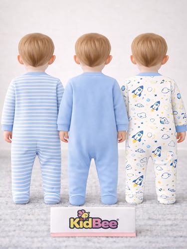 Image of Kidbee Baby Boys & Girls Full Sleeves Cotton Footed Romper Sleepsuit Pack of 3