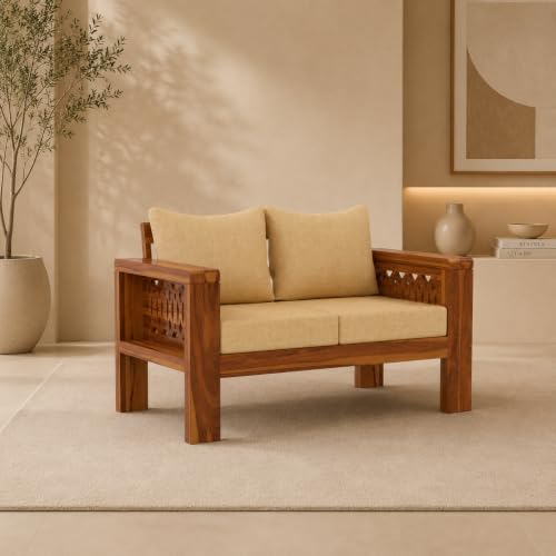 Image of NATRAJ ART & CRAFT Sheesham Wood 2 Seater Sofa Set for Living Room | Wooden Sofa Set for Living Room Furniture (2 Seater, Honey Finish)