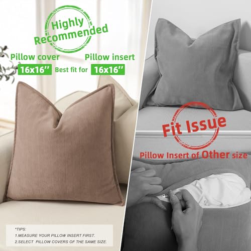 ZWJD Khaki Pillow Covers 16x16 Set of 2 Chenille Throw Pillow Covers with Elegant Design Soft and Luxurious Decorative Throw Pillows for Couch, Bed, and Home Decor