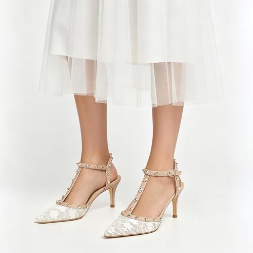 Image of XINIUNIU Studded Heels for Women Kitten Heels with Studs Stiletto Sandals with Rivet Ankle Strap Patent Leather Pointy Toe 2.5 Inch Party Daily Wear Evening Sandals