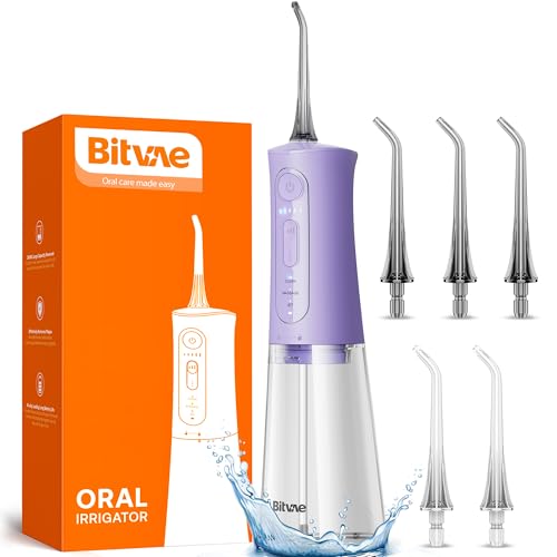 rrigador Bucal Portatil, Bitvae Irrigador Dental Inalámbrico Profesional 6 Intensities and 3 Mode, IPX7 Impermeable USB Recargable Para Limpieza Dientes, Para el Hogar y los Viajes, Púrpura
