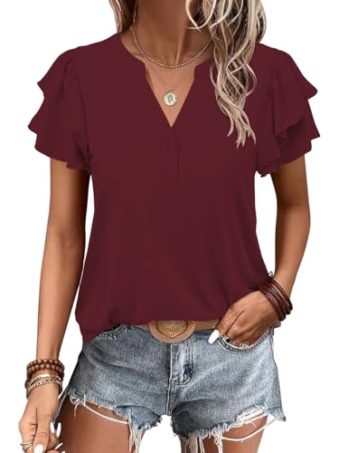 Cuptacc Tee Shirt Femme T Shirt Femme Col V Décontracté T-Shirts à Manches Courtes Basique Couleur Unie Top Ete Tee-Shirt Bordeaux S 34-36