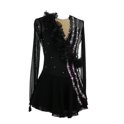 DIJITOO Vestido de patinação artística, temperamento com decote em V, malha strass, fantasia de comp