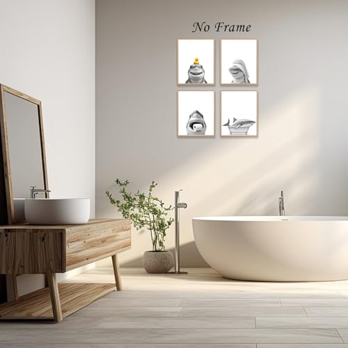 Image of Boat Wades Funny Bathroom Shark Wall Art Prints Set of 4, Coastal Beach Bathroom Decor, Ocean Shark Animal Posters Pictures Wall Decor for Bath Room Washroom Restroom Toilet, 8x10 Unframed