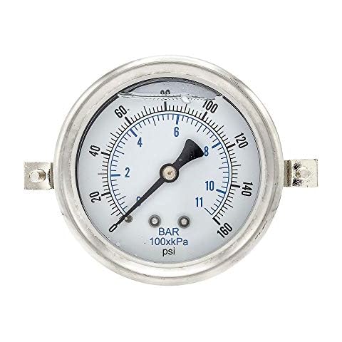 PIC Gauges 203L-204F U-Clamp Panel Mount Glycerine Filled Pressure Gauge w/ SS Case/Bezel, Brass Internals, PC Lens, 2" Dial, 0/160 psi Range, 1/4" Male NPT Cover