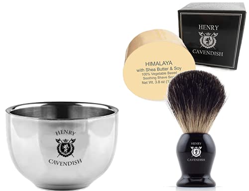 Henry Cavendish Himalaya Shaving Kit with - Shaving Soap, Long Lasting 3.8 oz Puck Refill, plus Stainless Steel Shaving Soap Bowl, plus Gentleman's 100% Pure Badger Hair Shaving Brush.