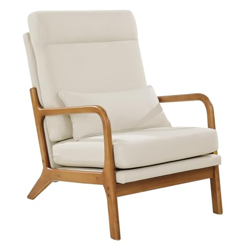 VEVOR Accent Chair, High Back Mid Century Modern Armchair with Solid Wood Frame and Non-Slip Legs, Upholstered Leisure Chair with Linen Fabric and 5.3 in Thickened Cushion, for Living Room, Bedroom