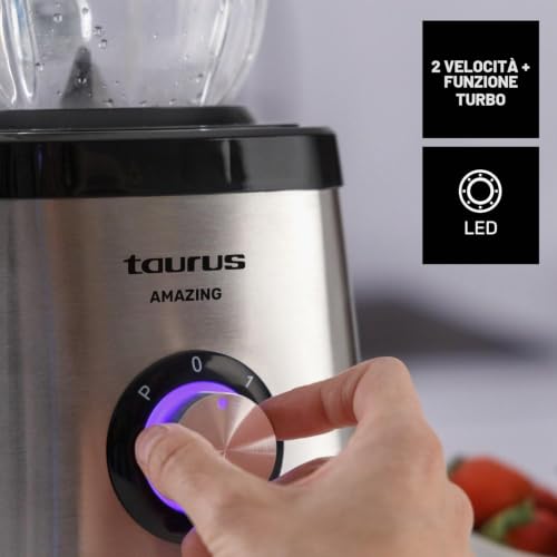 Taurus - Frullatore a Bicchiere 1500 W | Caraffa in Vetro 1,5 L | 4 Lame Acciaio Inox Smontabili | Tritaghiaccio | Senza BPA | Lavabile in Lavastoviglie | 2 Velocità + Turbo | Grigio - Immagine 3
